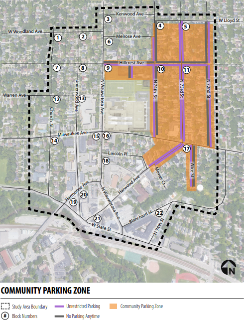 The proposed community parking zone around Wauwatosa East High School