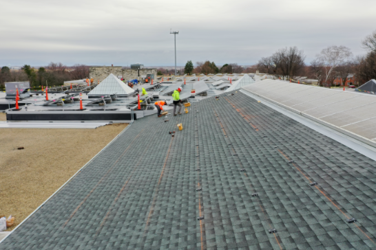 Solar panels are installed on top of the Wauwatosa City Hall and library buildings. 