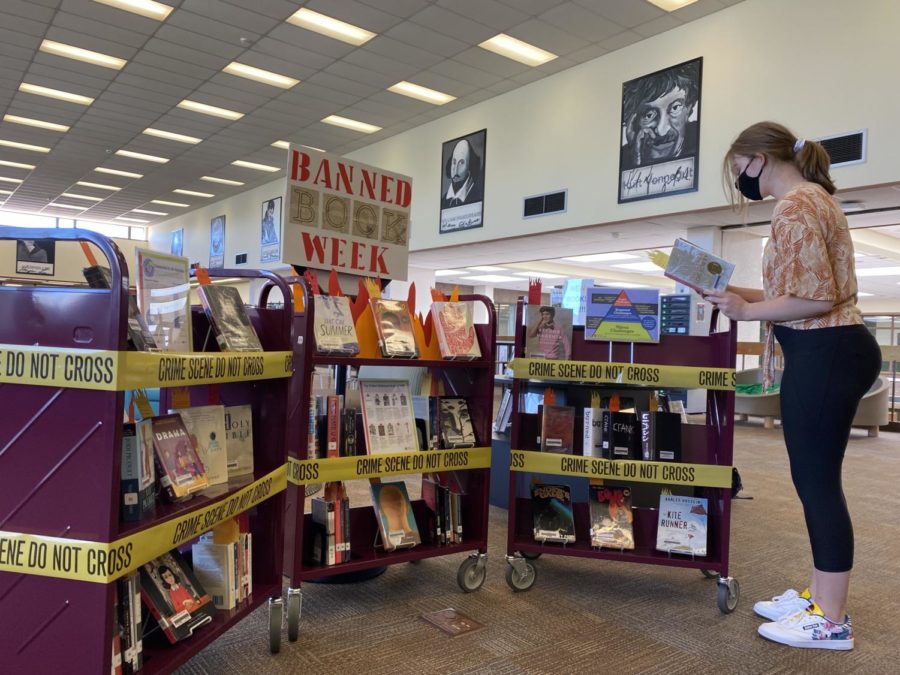 Chloe Ellery with the display she and librarian Derek DeVinney created in the library