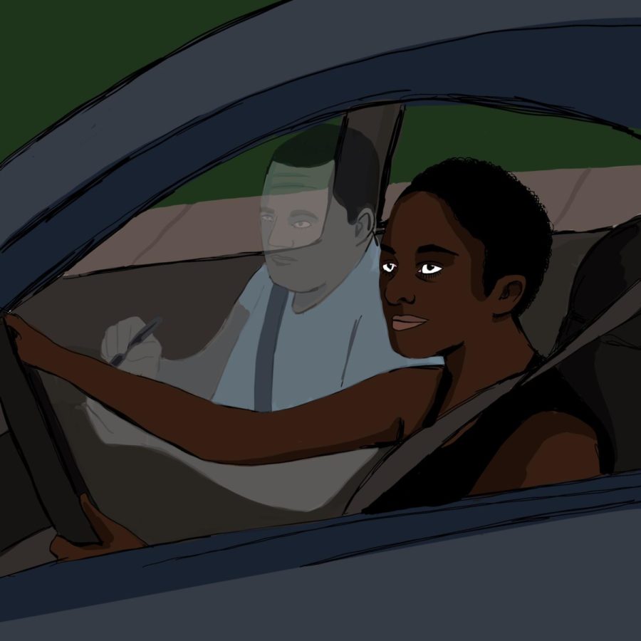 Graphic created by Evelyn Skyberg Greer to represent a student being assessed during a driving lesson. 