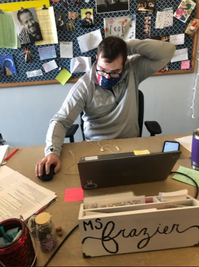 Biology teacher Kyle Navin substitutes for English teacher Amanda Frazier on January 13th, 2022.  It was his second time acting as a substitute teacher this day.